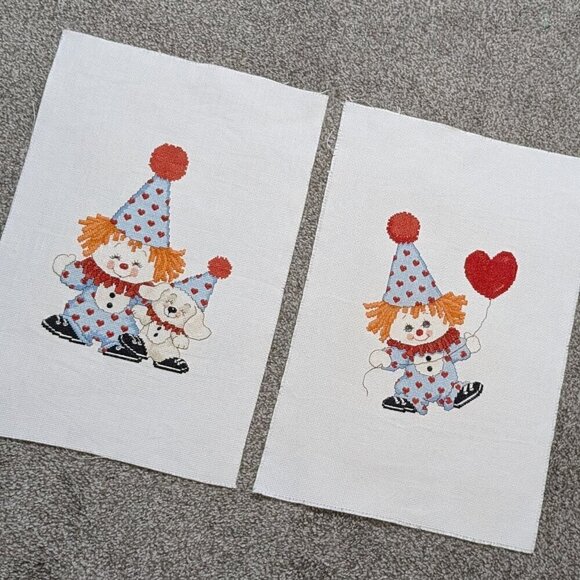 Lot of 2 Counted Cross Stitch Completed Not Framed; Playful Child Clowns; 8 x 10 - Picture 1 of 4